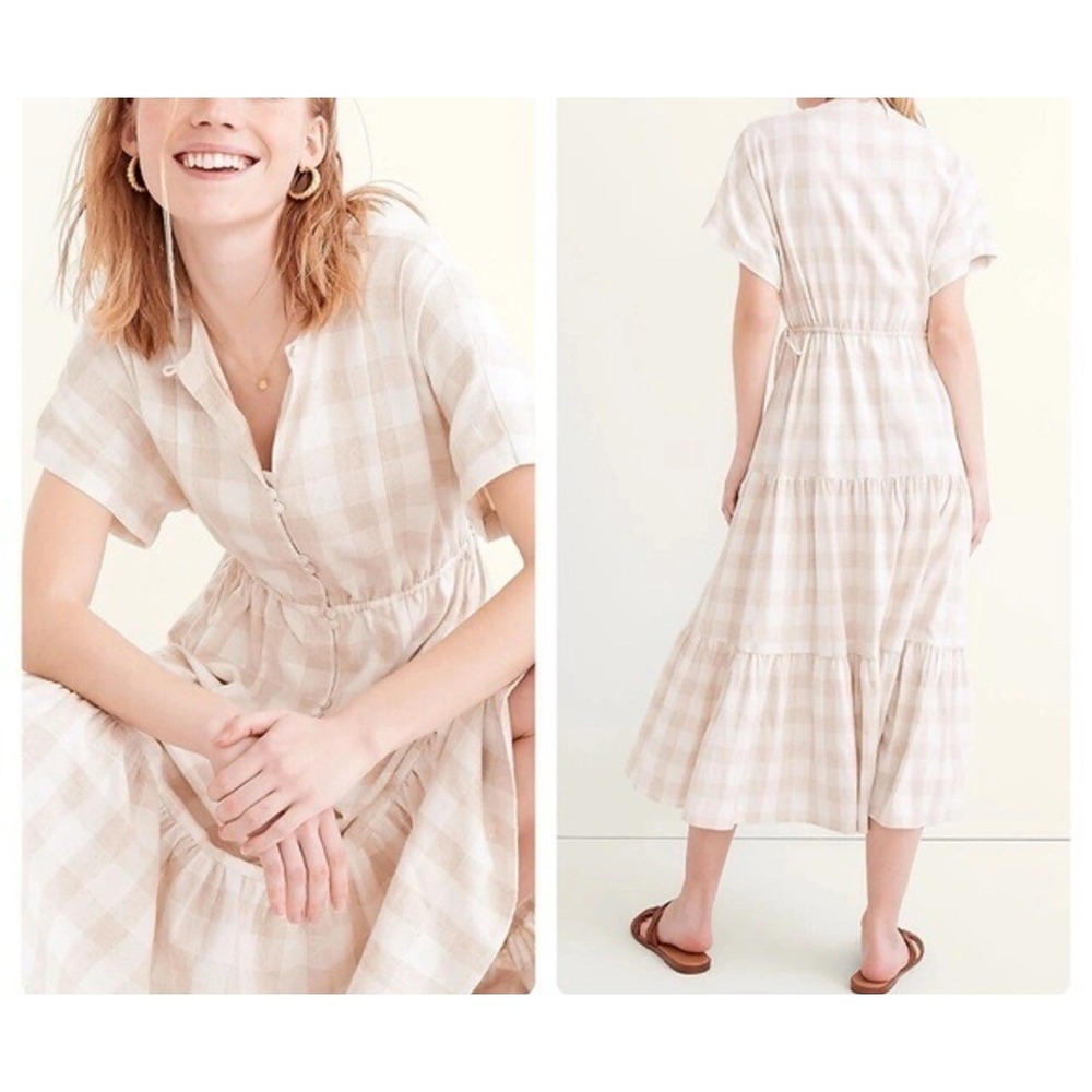 NWT Madewell Women's Button Tiered Midi Beige Dress Undyed Gingham Edition Sz XL